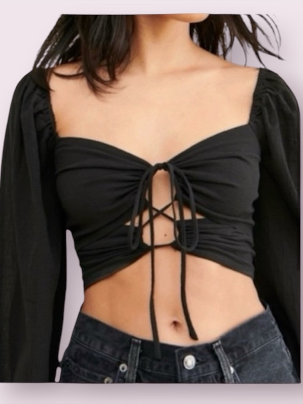 Topshop Puff Sleeve Tie Front Crop Top Black Size 4